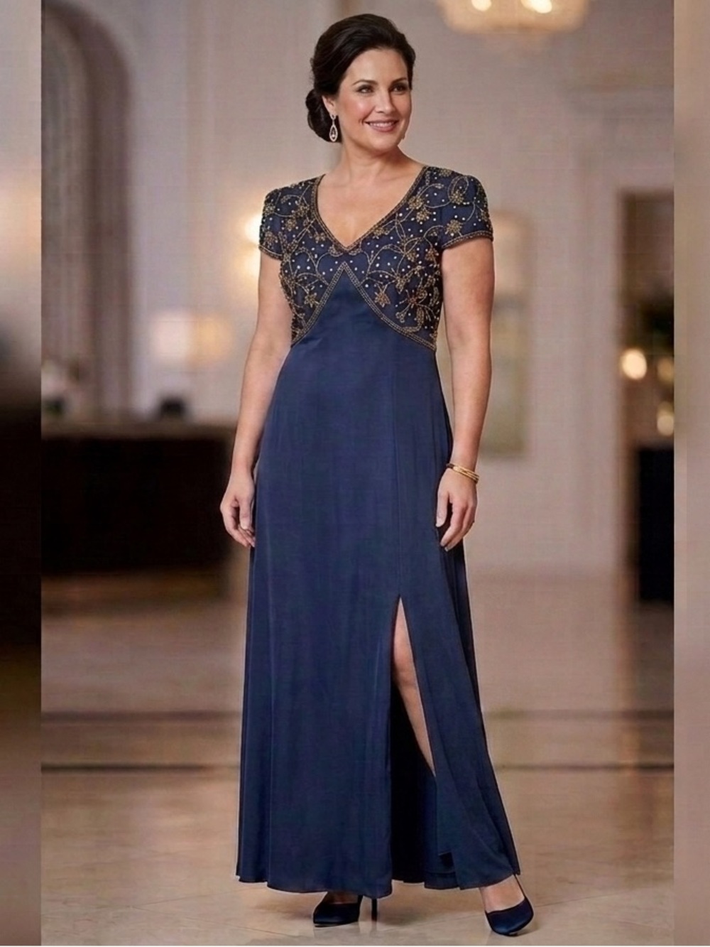 Vintage Sean Silk Gown XXL Navy Beaded Sequin V-Neck Slit Formal Dress fits L